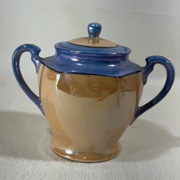 1950’s Japanese Lustreware Set, Sugar Bowl Creamer, 2 Divided Plates, 2 Tea Cups